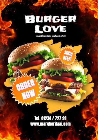 Burger-Flyer-Vorlage Burger Love mit Feuer-Hintergrund