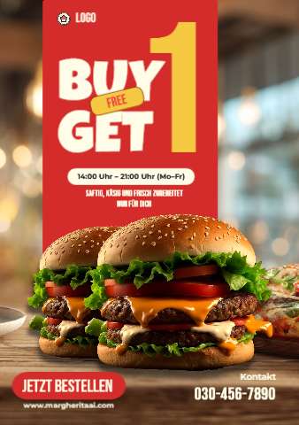 Aktions-Flyer Buy 1 Get 1 Free für einen Burger-Laden