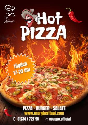Pizzeria-Flyer-Vorlage Hot Pizza mit Feuer-Hintergrund