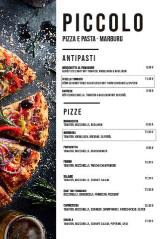 Speisekarte Piccolo – Pizza e Pasta mit Antipasti und Pizze