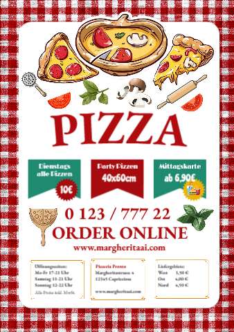 Pizza-Flyer im rot-karierten Trattoria-Look mit Lieferinfos